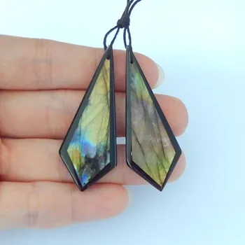 

Natural stone Labradorite,Obsidian Intarsia Fashion gemstone earring jewelry,51x19x3mm,8.4g