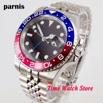 

40mm PARNIS wrist watch men No logo waterproof sapphire steel bracelet black dial red luminous GMT automatic mechanical 1079