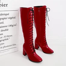 Зимние роскошные женские теплые плюшевые сапоги для верховой езды на шнуровке; сапоги до бедра из лакированной кожи; высокие сапоги на блочном каблуке; обувь для вечеринок