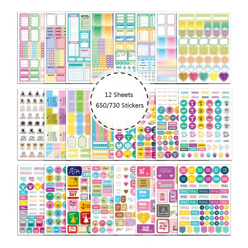 12sheets Study Work Plan DIY Precut Decoration Stationery Diary Sticker Planner Day Planner Index Label Weekly Monthly Tabs