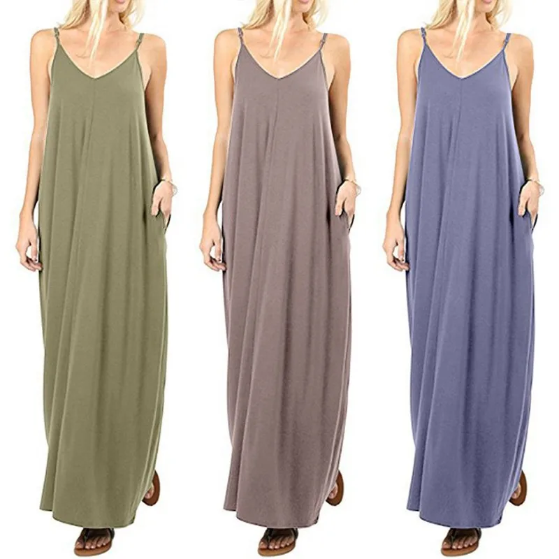 

2020 Summer Women Dress Sexy Spaghetti Strap Sleeveless Long Dresses Solid Female Casual Loose Straight Dress