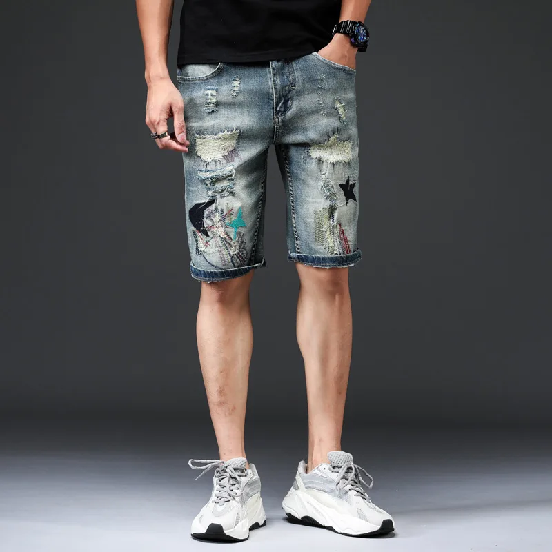 

thin perforated beggars embroidered jeans shorts men's fashion brand loose straight casual men's pants horse pants