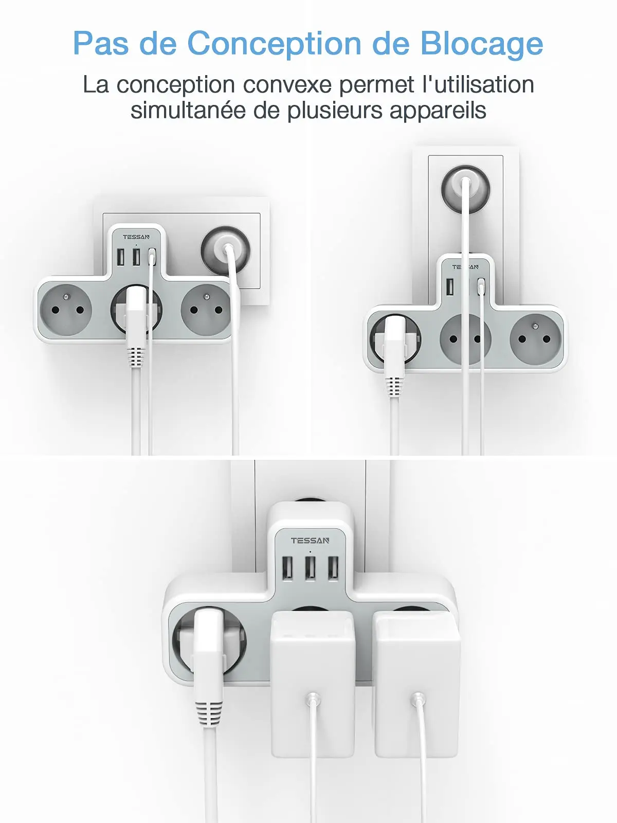 TESSAN Prise Multiple USB, Multiprise Murale 3 Prise et 2 Ports