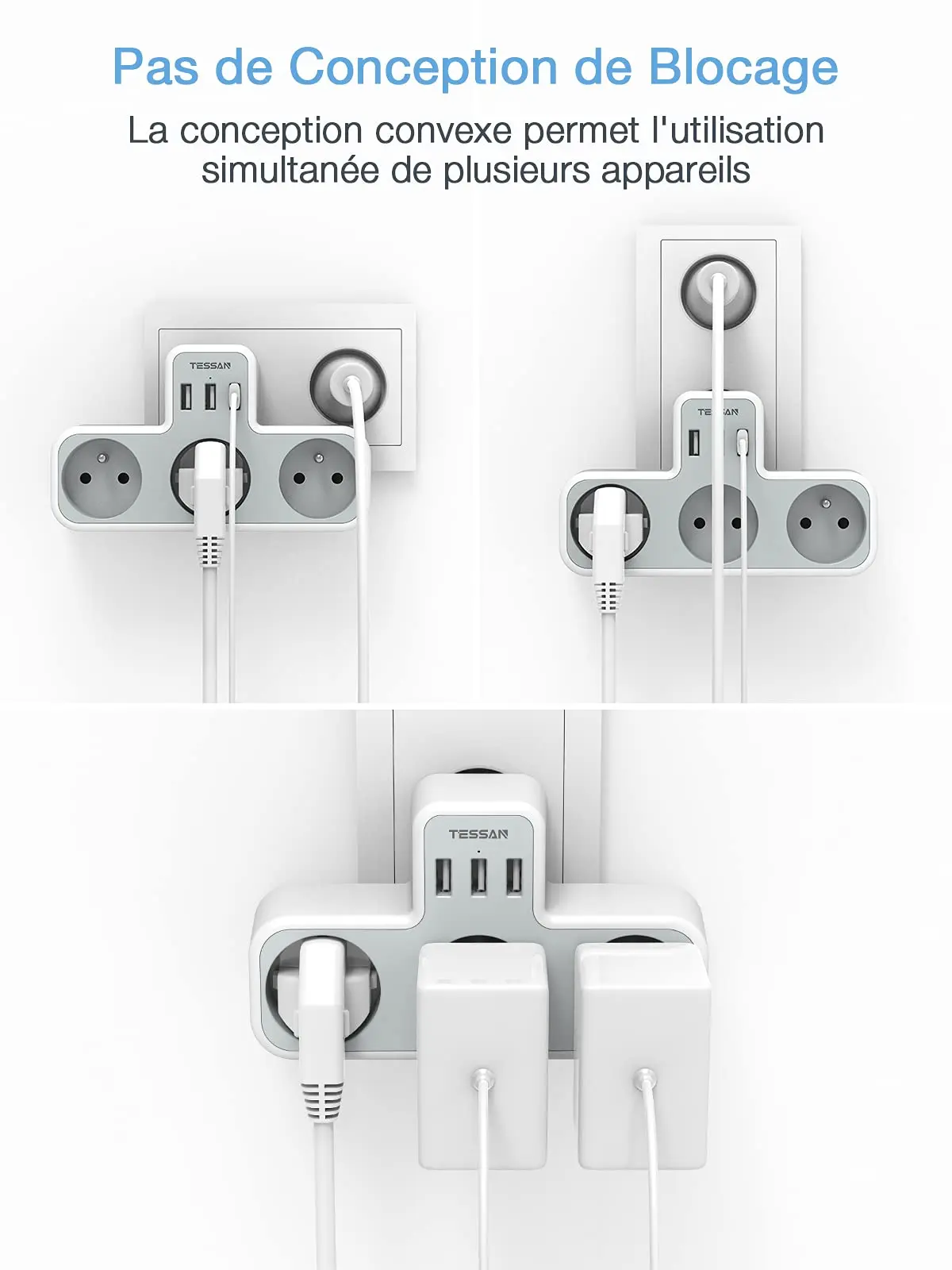 TESSAN Prise Multiple USB Multiprise Murale 4 Prises Française