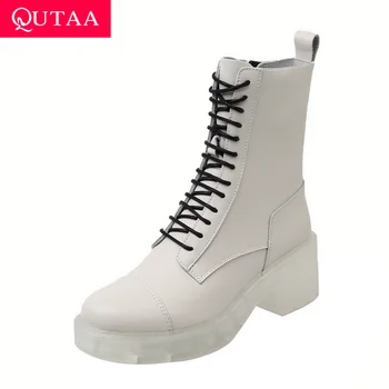 

QUTAA 2021 Fashion Lace Up Zipper Women Shoes Square Heel PU Leather Ankle Boots Round Toe Autumn Winter Women Pumps Size 34-40