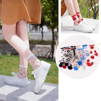 

Spring Summer Ultra-thin Glass filament Socks Woman Printing Dots Korean Style Silk Socks Cute Stripe Transparent Socks