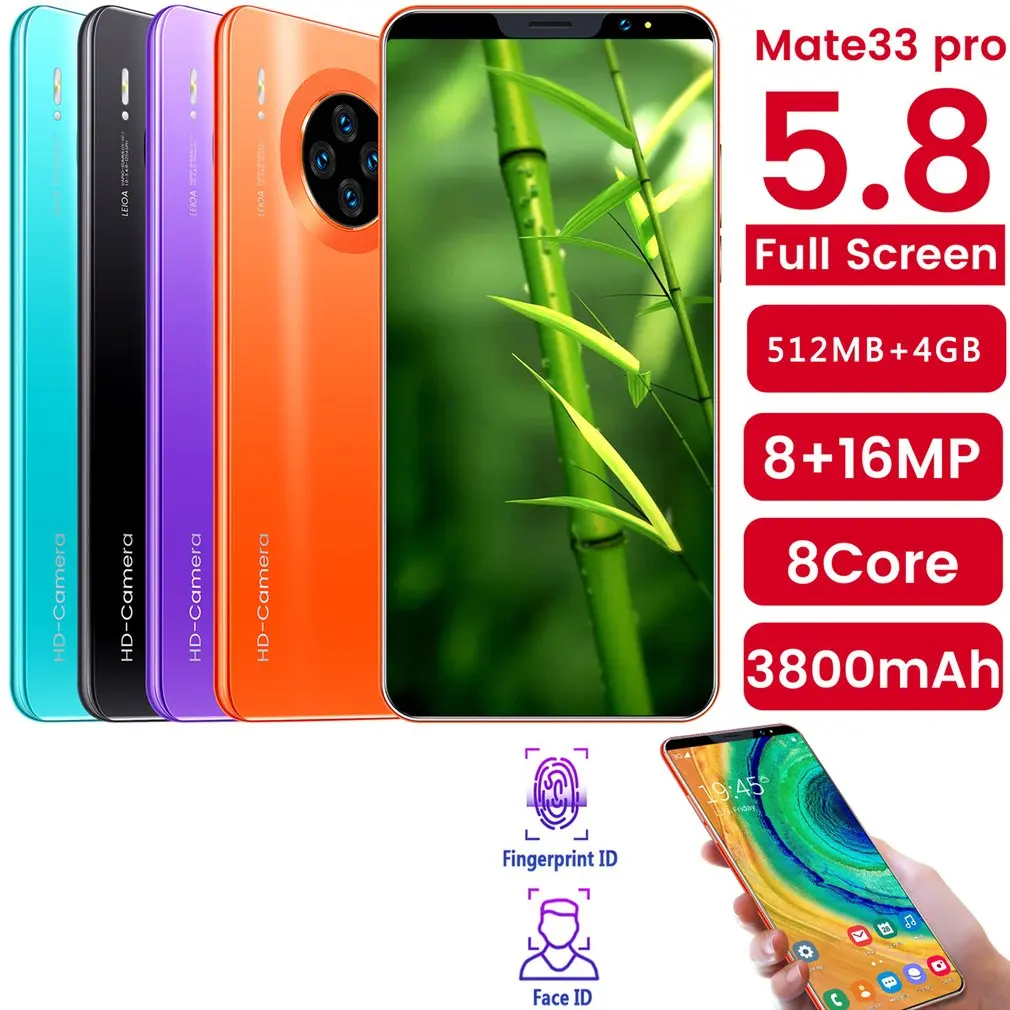 Mate33 Pro Smartphone with 512M+4GGB Large Memory 5.8 Inch Screen Support Face/Fingerprint Unlock Dual SIM Mobile Phones