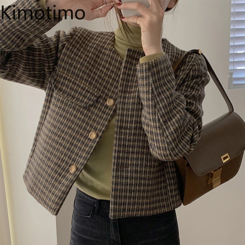 Куртка Kimotimo Женская твидовая в клетку Свободный укороченный кардиган