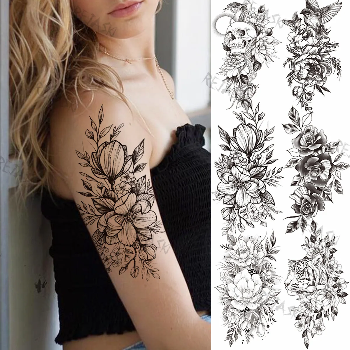 Tatouage Fleur De Lotus Epaule Femme Tatouage temporaire noir grand Lotus pour femmes, faux tatouage,  autocollant pour l'avant bras, tigre, oiseau, serpent, Rose, pivoine, Art  corporel | AliExpress