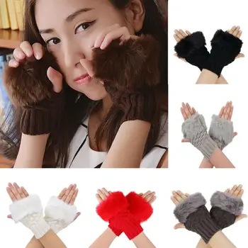 

1Pair Fashion Women Faux Rabbit Fur Hand Wrist Crochet Knitted Fingerless Gloves Knitting Mittens Winter Autumn Warmer