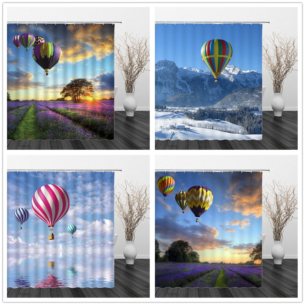 

Hot Air Balloon Shower Curtains 3D Print Lavender Flowers Natural Landscape Bathroom Home Decor Polyester Cloth Curtain Set