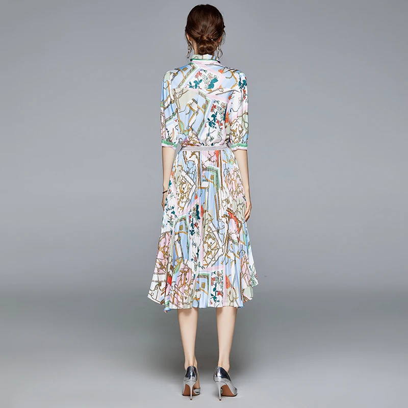 Runway Skirt 2 Piece Set Women Bow Tie Sashes Half Sleeve Floral Blouse Shirts and Irregular Pleated Skirt Women Clothing Set