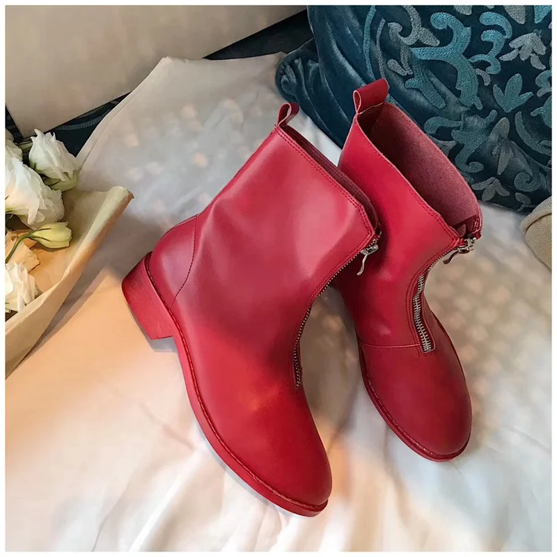SUOJIALUN/ г. Новые Брендовые женские ботинки Ботинки martin на молнии в британском стиле Разноцветные брендовые ботинки на молнии с круглым носком на плоской подошве - Цвет: Красный