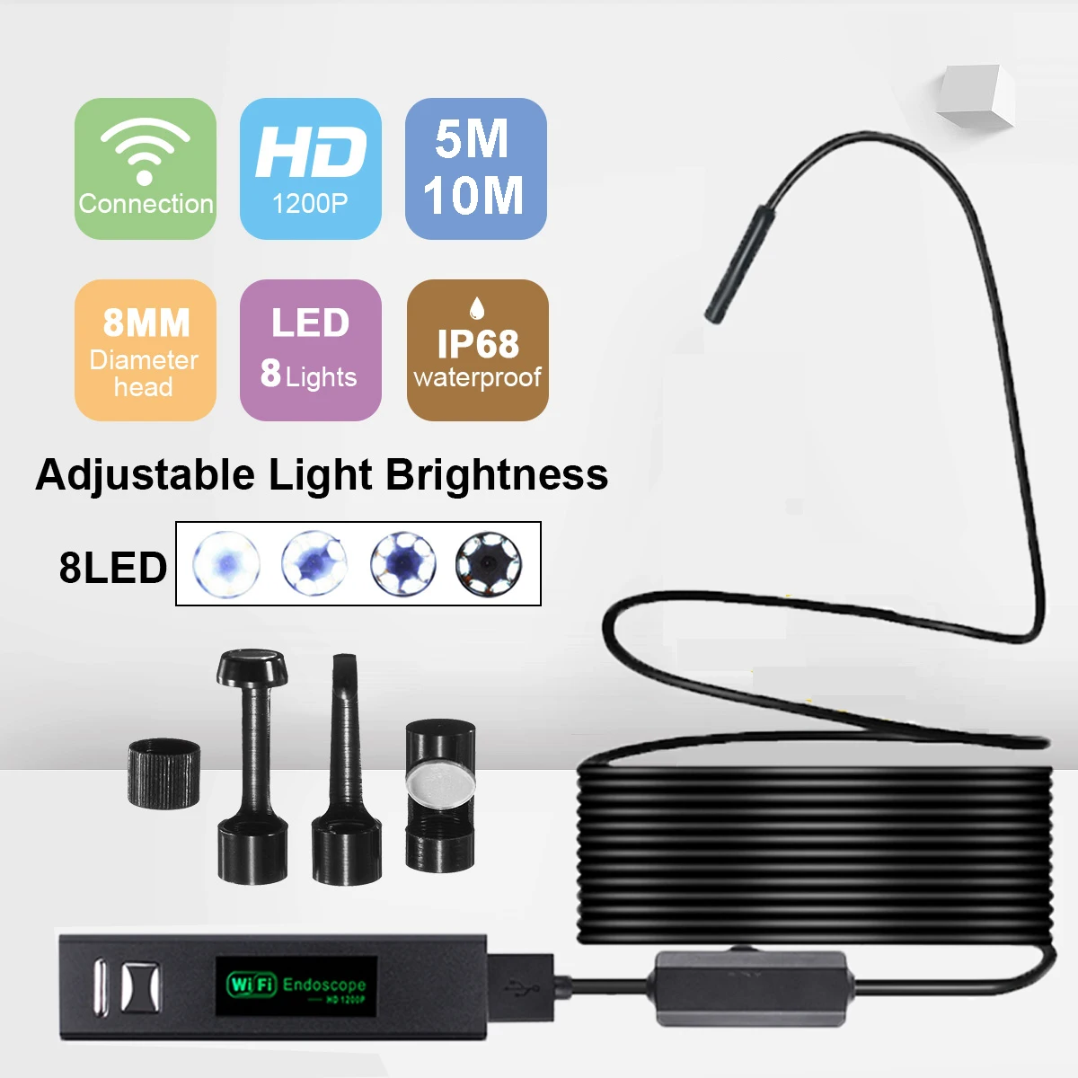 Endoscopio inalámbrico 1200P con 8 LED para Android/iOS/Windows 2/5M IP68, impermeable, cámara de inspección de tuberías de teléfono móvil