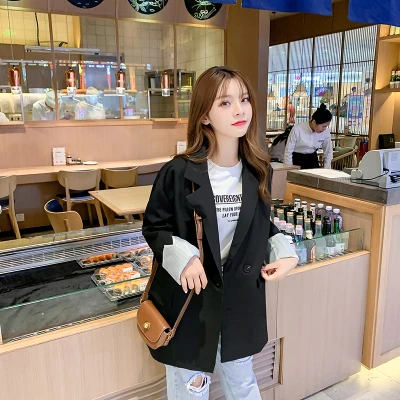 2020 Autumn Spring Female Black Chic Suit Coat Black Casual Clothes Double Breasted Pockets Women Blazers And Jackets Coats