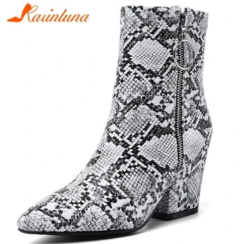 

KARINLUNA Big Size 34-43 New Fashion Ladies Party Boots Women Snake Veins Prints Zip Ankle Boots High Chunky Heels Shoes Woman