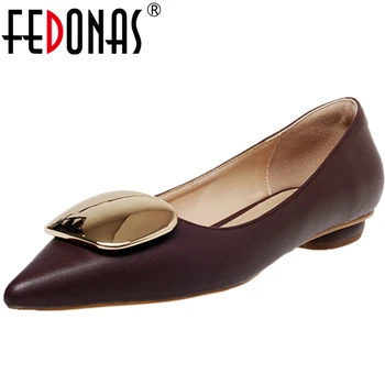 

FEDONAS Concise Elegant New Women Cow Leather Metal Decoration Pointed Toe Low Heel Shallow Shoes Casual Wedding Shoes Woman