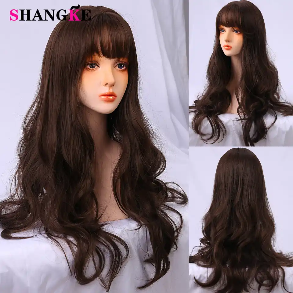 Shangke ロングカーリーコスプレウィッグ合成かつら前髪ウィッグ黒女性ミディアムの長さ耐熱ロリータかつら Synthetic None Lace Wigs Aliexpress
