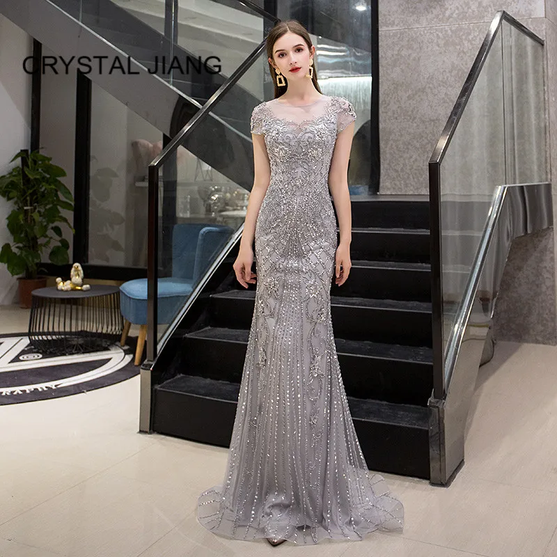 

Stunning Evening Dress Silver Crystal Beaded Formal Gown Cap Sleeves Jewel Collar Trumpet Evening Long Dress for Women