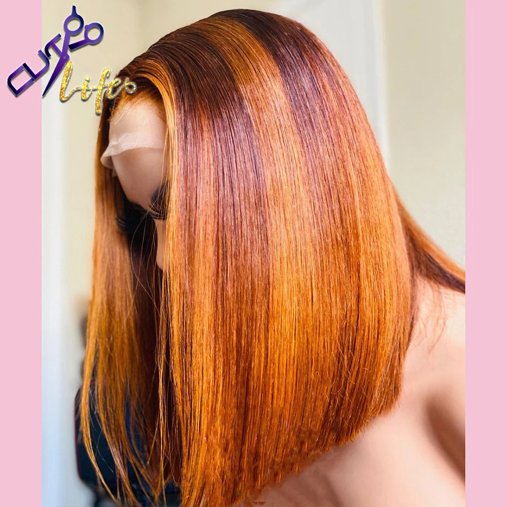 Highlight 13X4 Lace Front Wig Human Hair Short Brazilian Wig Straight Bob Pre Plucked Lace Closure Ombre For Black Women