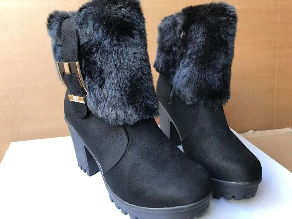 Ceny Kwadratowy obcas kobiet zimowe buty klasyczna klamra ciepłe futro śnieg panie buty wysokie obcasy czarne platformy botki kobiety botas g907