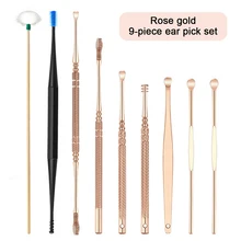 9pcs/set Stainless Steel Earwax Picking Tools Earpick Wax Cleaner Ear Cleanser Spoon Soft Spring Massage Brush Head Ear Care