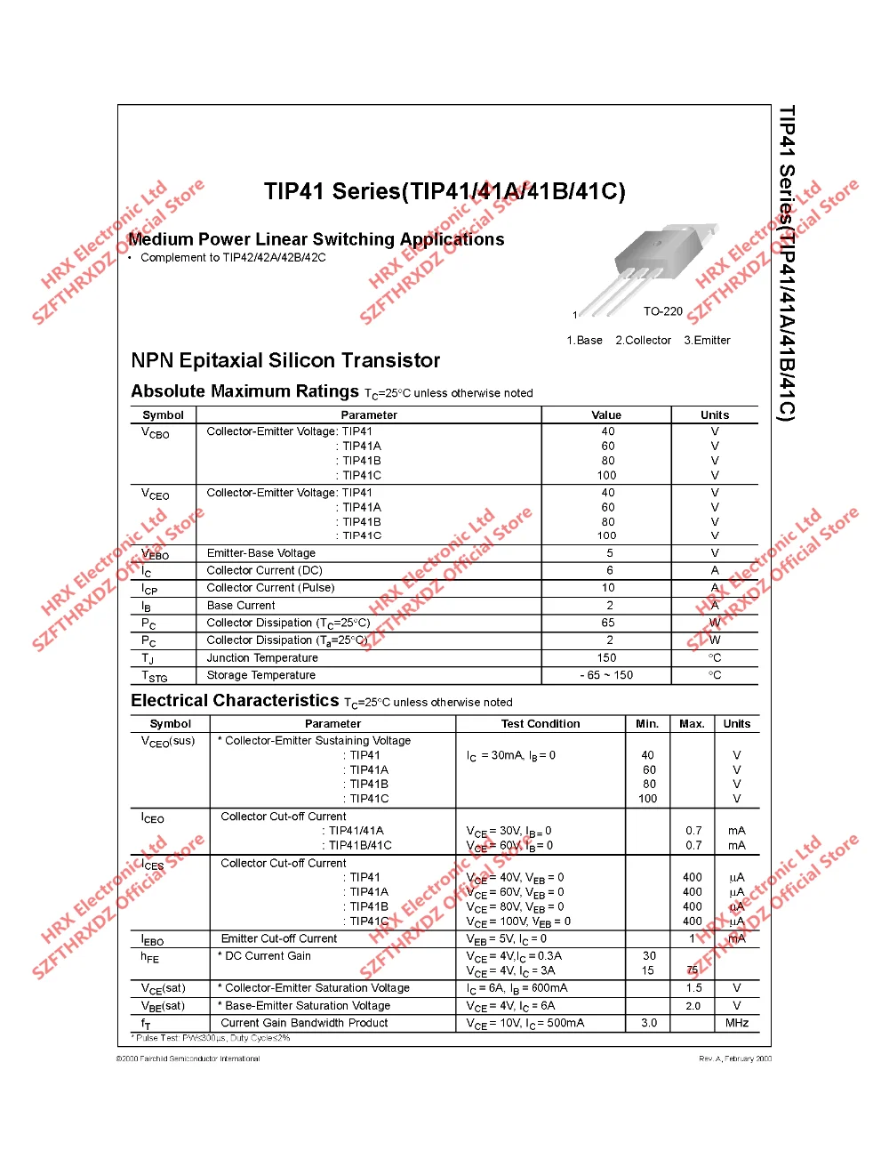 TIP41C TIP42C пара TO-220 TIP41C TIP42C пара TO220 Средняя мощность линейного переключения приложений 50 шт./трубка