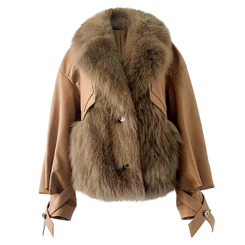 

Women Real Fox Fur Coat Genuine Sheepskin Leather Jacket Warm Fashion Overcoat