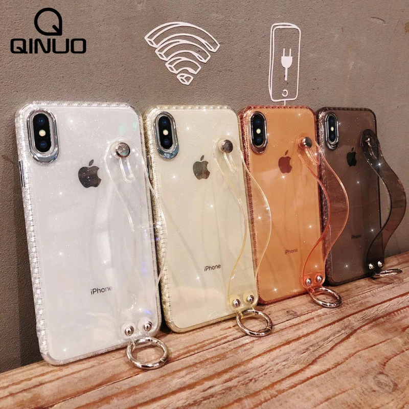 

Bling Glitter Wrist Strap Case For iPhone X XR XS Max Soft TPU Hand Band Holder Clear Cover For iPhone 7 8 6 6S Plus Stand Funda