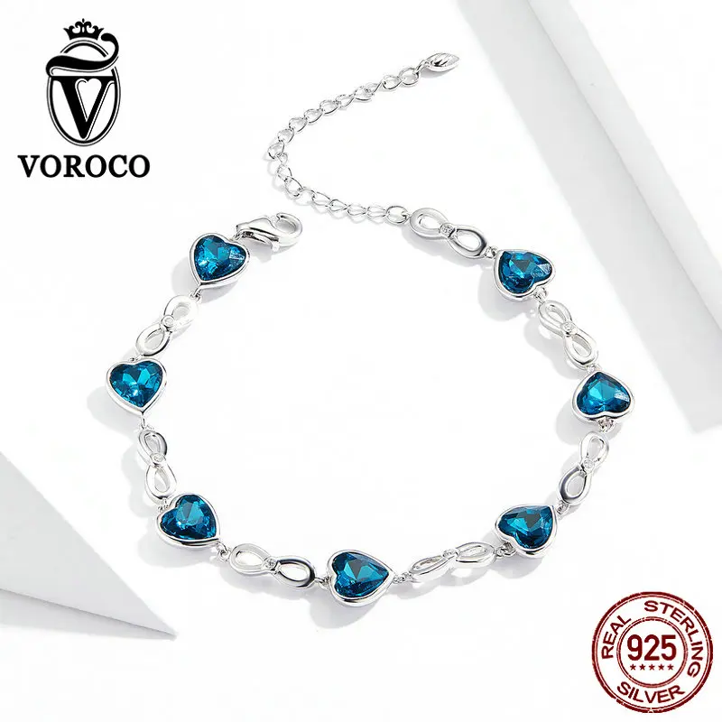 VOROCO,, 925 пробы, серебряный, голубой, океанское сердце, регулируемый браслет для женщин, элегантный подарок на день рождения, свадебное ювелирное изделие, BKB163