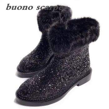 

2019 autumn and winter new sequins mane plus velvet comfortable platform boots