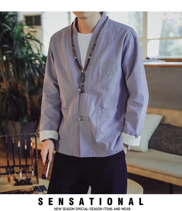 Autumn And Winter New Style Men Chinese-style Cotton Linen Thin Jacket Men Antique Style Retro Embroidered Cardigan Coat