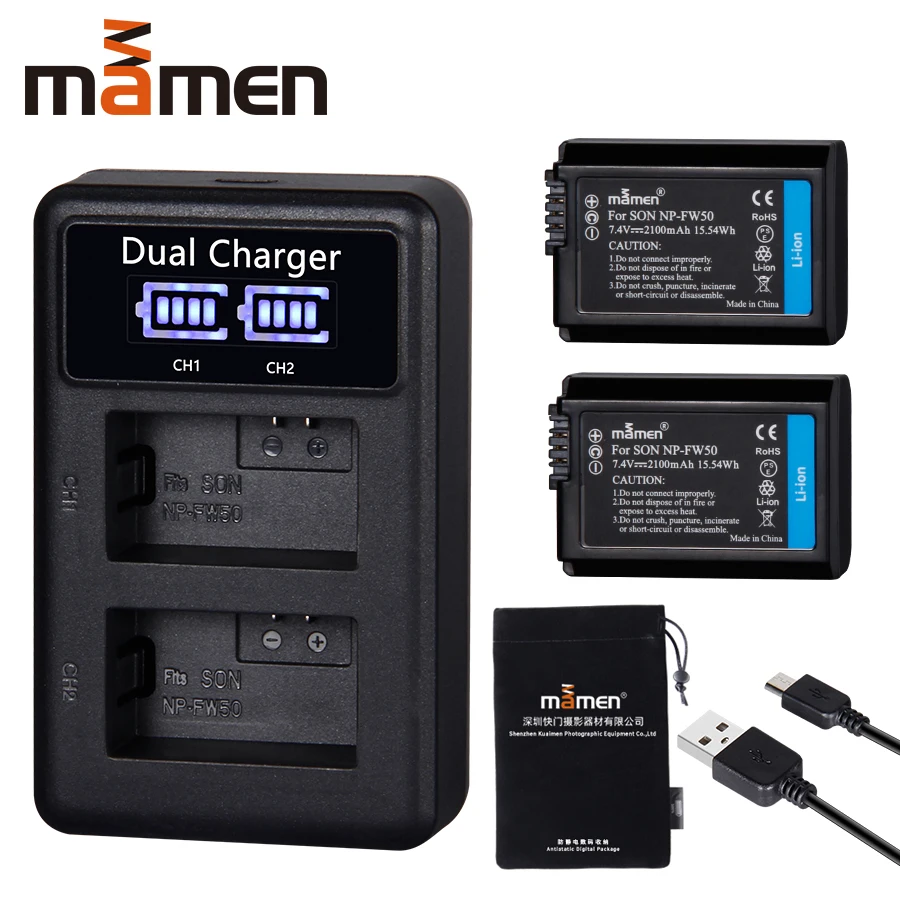 Baratos Recargable Batería de cámara Digital 2 uds 2100mAh NP FW50 PN FW50 npfw50 np fw50 np fw50 + cargador Dual USB LCD para Sony NEX 3 a7R Alpha a6500 a6300 a6000 a5000 a3000 Batería de la cámara