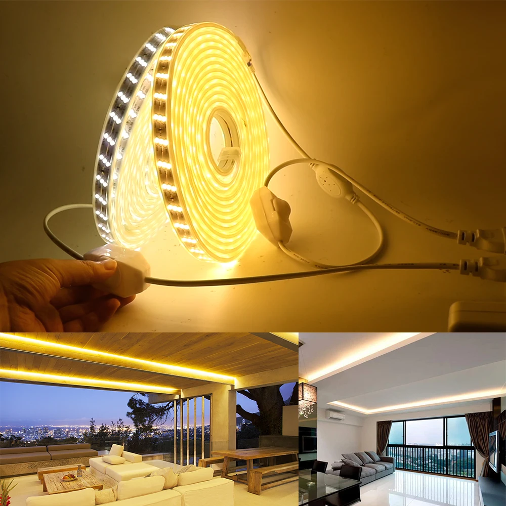  220V 2835 Led Strip Light Dimmable 180LED/m Double Row Flexible  Led Ribbon 1M 10M 20M 7 Colors with Power Plug Dimmer Switch (Color :  Yellow, Size : 220V with Switch_5M) 