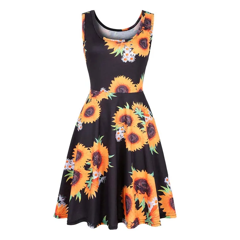 

Sexy Thick Strap Off Shoulder Yellow Sun Flower Print Mini Woman Dress Summer Casual Dresses