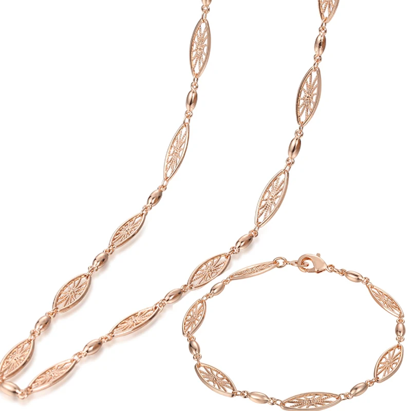 1 комплект 6 мм Для женщин Цепочки и ожерелья цепи 585 розовое золото Цвет завод овальные бусины браслет; Комплект бижутерии