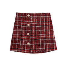 

2021NEW Women Autumn Sprint Fashion Single Breasted Mini Skirt Female Stylish High Waist Woolen Plaid Red Skirts Chic Suits