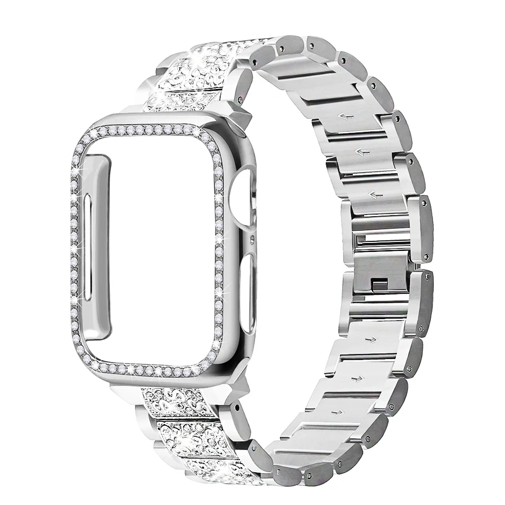 Ремешок+ чехол для Apple Watch 40 мм 44 мм 38 мм 42 мм ремешок для iwatch серии 5 4 3 2 1 браслет из нержавеющей стали с бриллиантами - Цвет ремешка: Silver