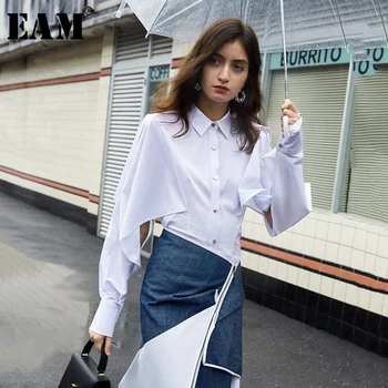 

[EAM] Women White Hollow Out Split Temperament Blouse New Lapel Long Sleeve Loose Fit Shirt Fashion Spring Autumn 2020 1T611