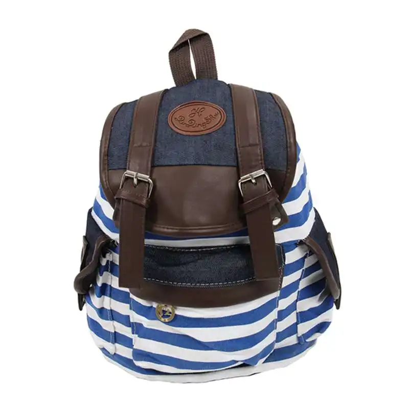 

Women Girls Striped Canvas Backpack Book Bag Travel Rucksack School Bag Shoulder Bag Satchels Blue