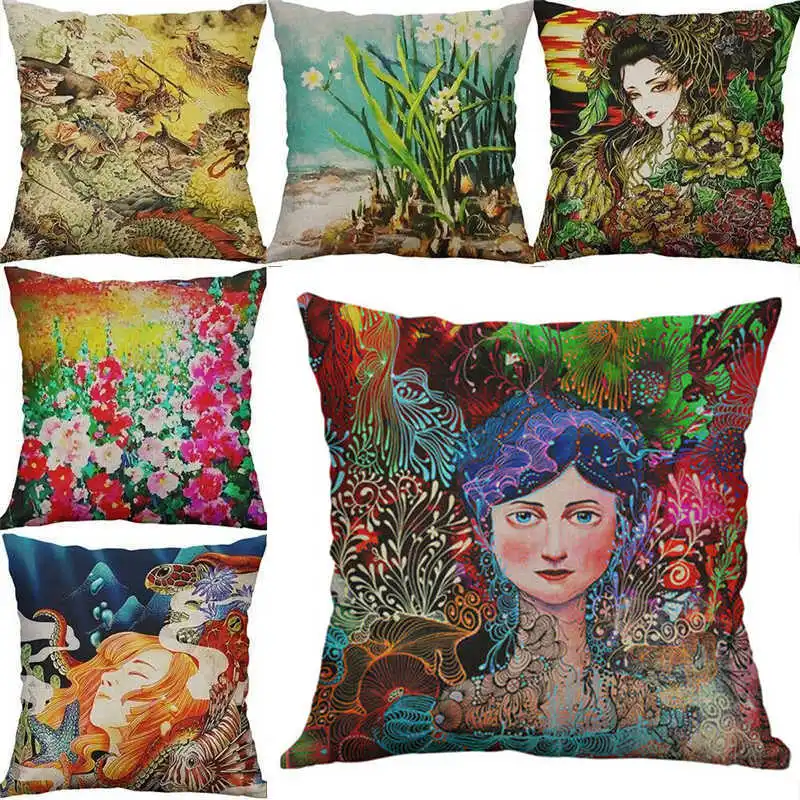 

Cartoon Linen Decor Cotton Pillows 18" case Cover Home women deer Fish Printing