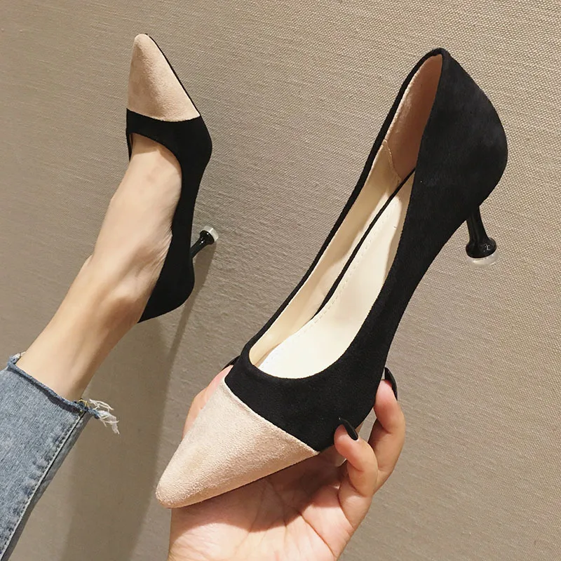 

Spring 2019 new apricot heels women's fine heels black pointed professional temperament sexy plush-faced single-shoes