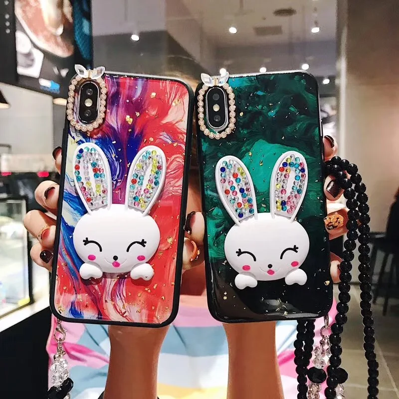 Cute Marble paint pattern rabbit phone case For iphone XS MAX XR X 6 6s 7 8plus diamond lanyard TPU shell protective cover |