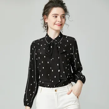 

black polka dot silk blouse for women high quality long sleeve plus size casual sexy office dress shirts clothes dropshipping
