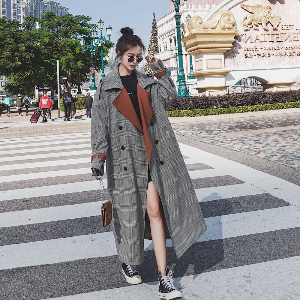 

Photo Shoot Sense of Design Joint Contrast Color Plaid Long Trench Coat 2020 Spring New Style WOMEN'S Dress Retro Laziness-Style