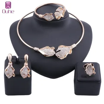 

Nigerian Bridal Bead Jewelry Set Women Customer Dubai Gold Color Crystal Flower Necklace Earring Bangle Ring Jewelry Sets