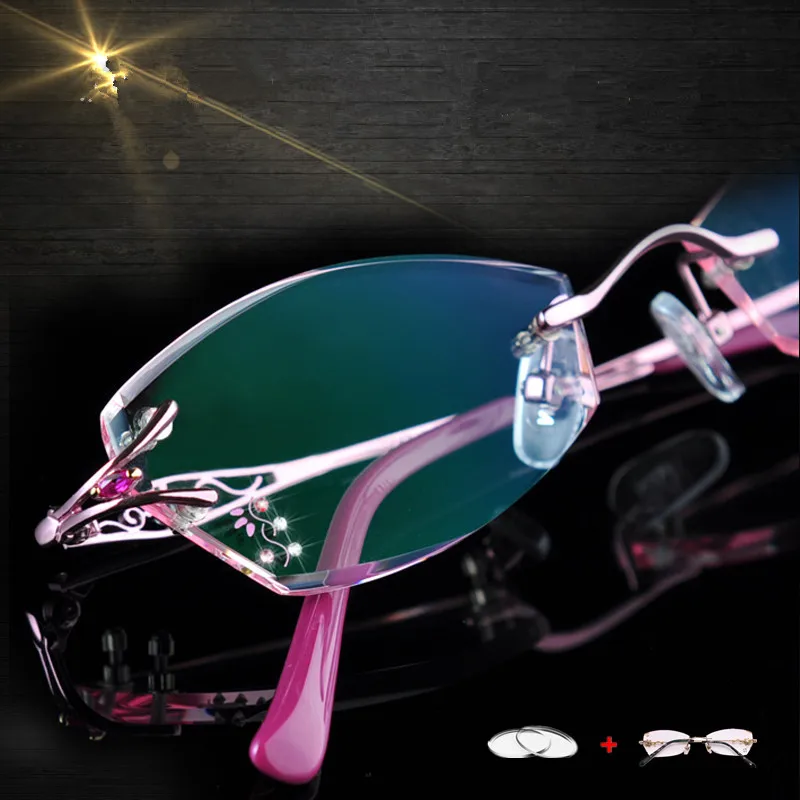 

LOUISE STAR Titanium Fashion Anti-Blue Light Diamond Frameless Flat mirror Trend Carved Lens Elegant Female Prescription Glasses