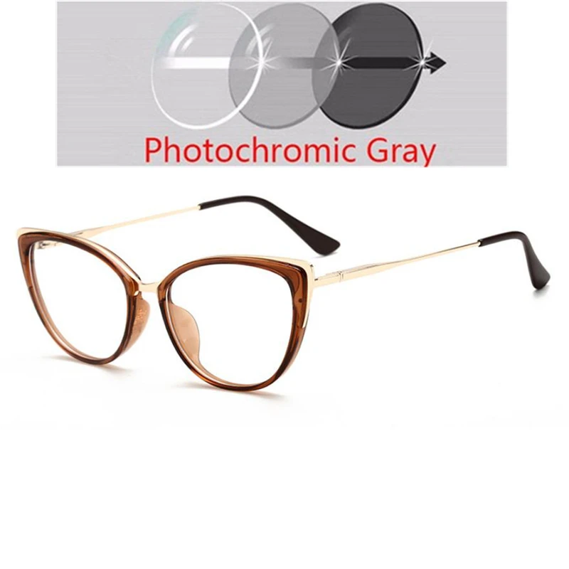 Anti-blue Light Cat Eye Prescription Spectacle Women Myopia Lens Photochromic Glasses Diopter 0 -0.5 -0.75 -1.0 -2.0 To -6.0 6