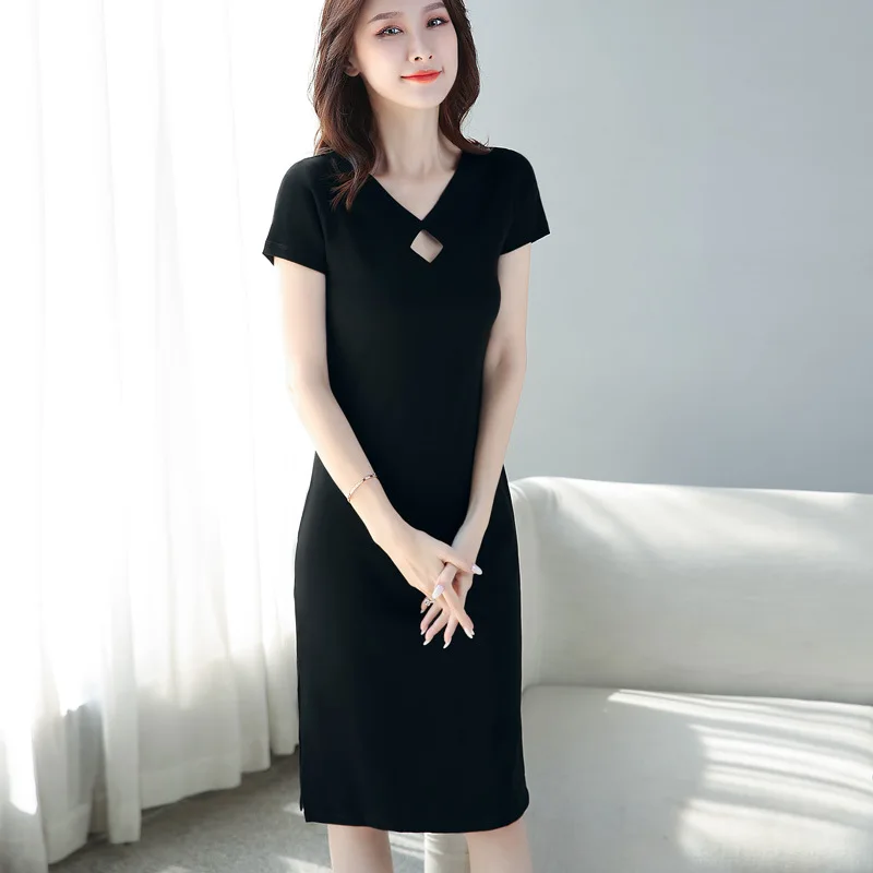 

Woman Summer Dress Causal Mid-Calf Cotton Woman's Clothing Black Straight Lady Gown Traf Robe