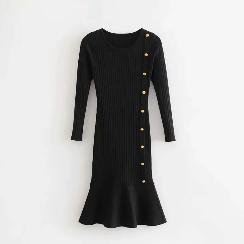 

Western Style 2018 Autumn New Style Versitile Fashion Crew Neck Slim Fit Slimming Buckle Knitted Fishtail Skirt Dress Women's